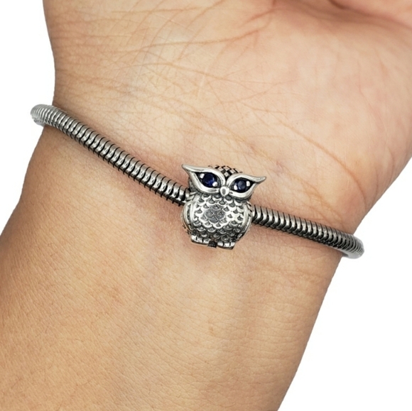 Owl Charm for Bracelet Sterling Silver 925 Owl Blue Zirconia Eyes Jewelry Gift - Picture 5 of 5